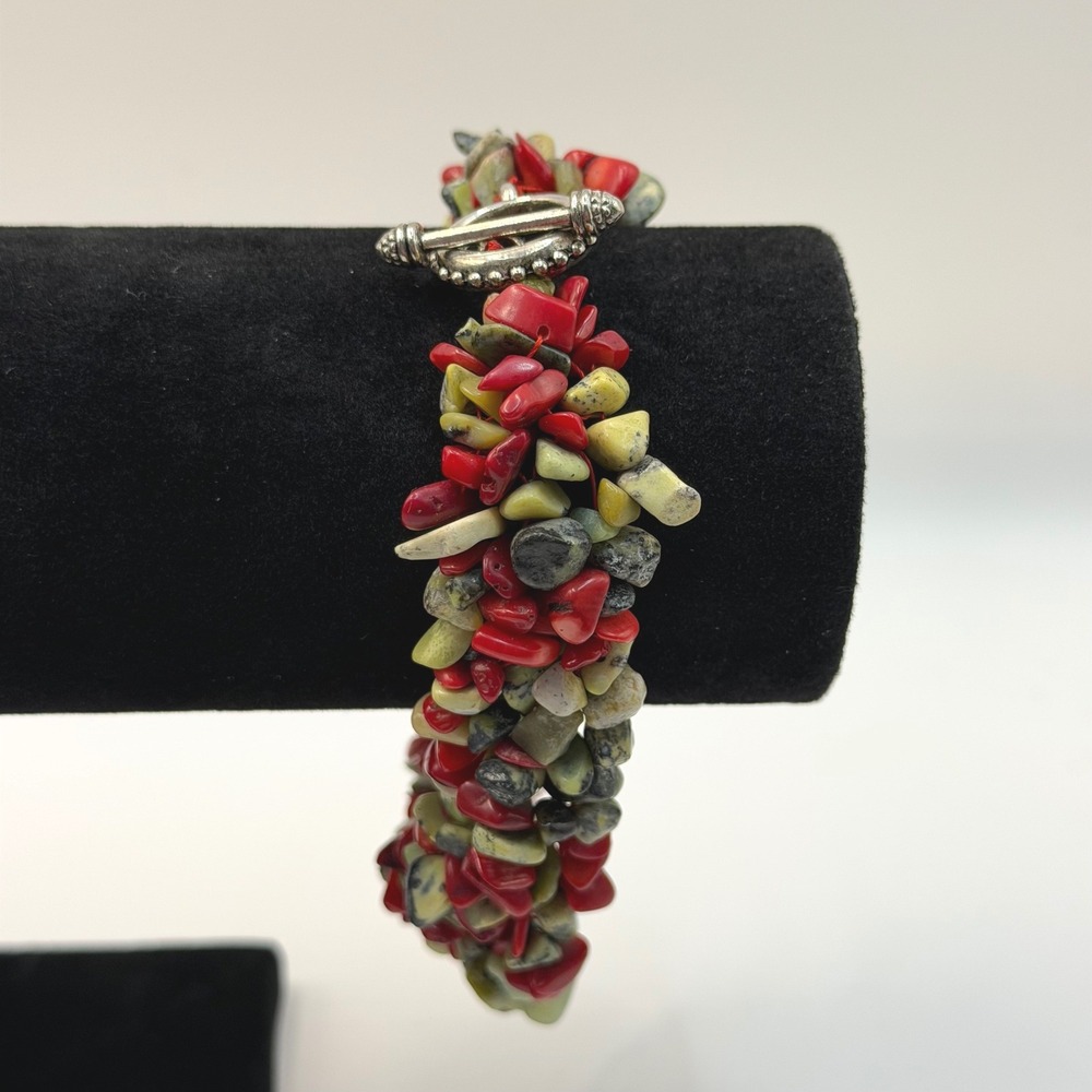 Chunky Red Green Stone Chip Bead Toggle Bracelet Boho, Earthy, Artisan Statement